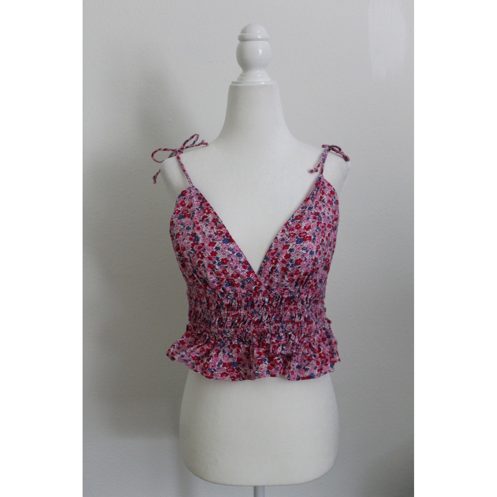 Sim & Sam Pink Floral Smocked Peplum Cami Top V-Neck Tie Strap Cotton Womens M